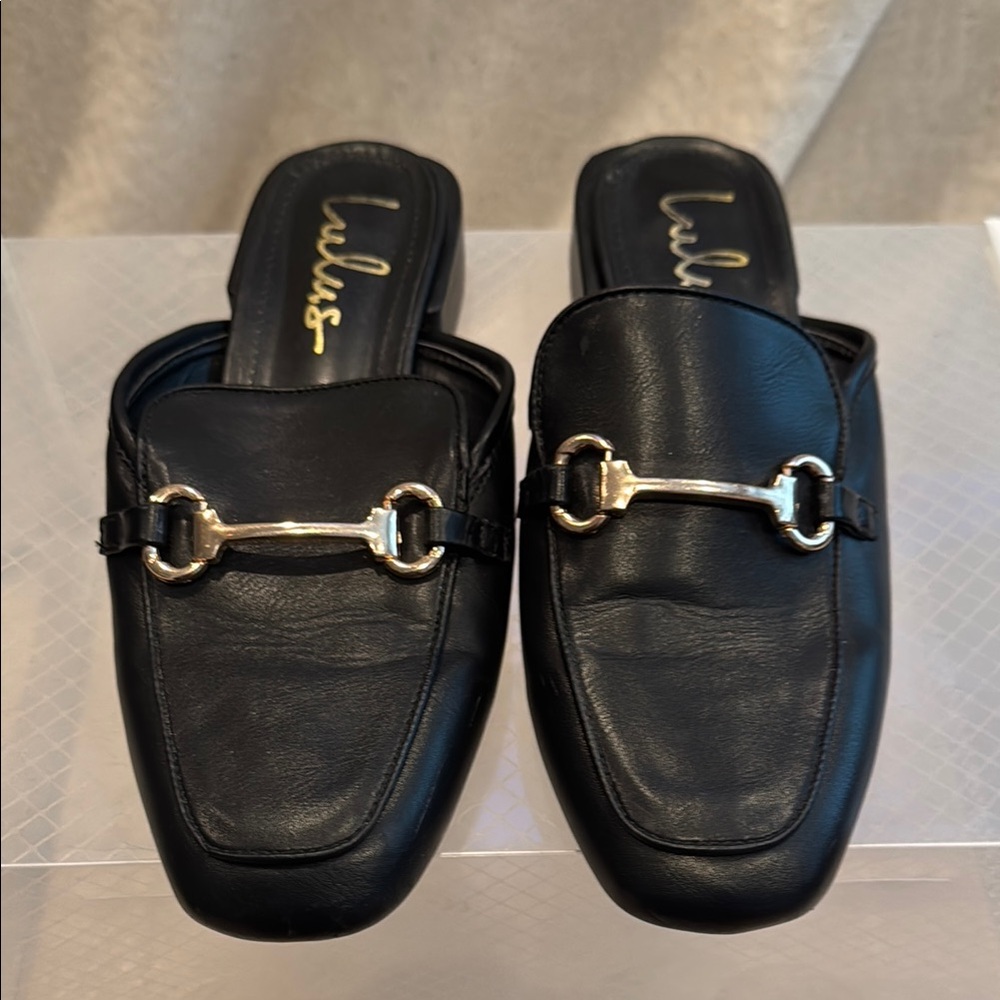 Lulu's Black Leather Mules with Gold Hardware